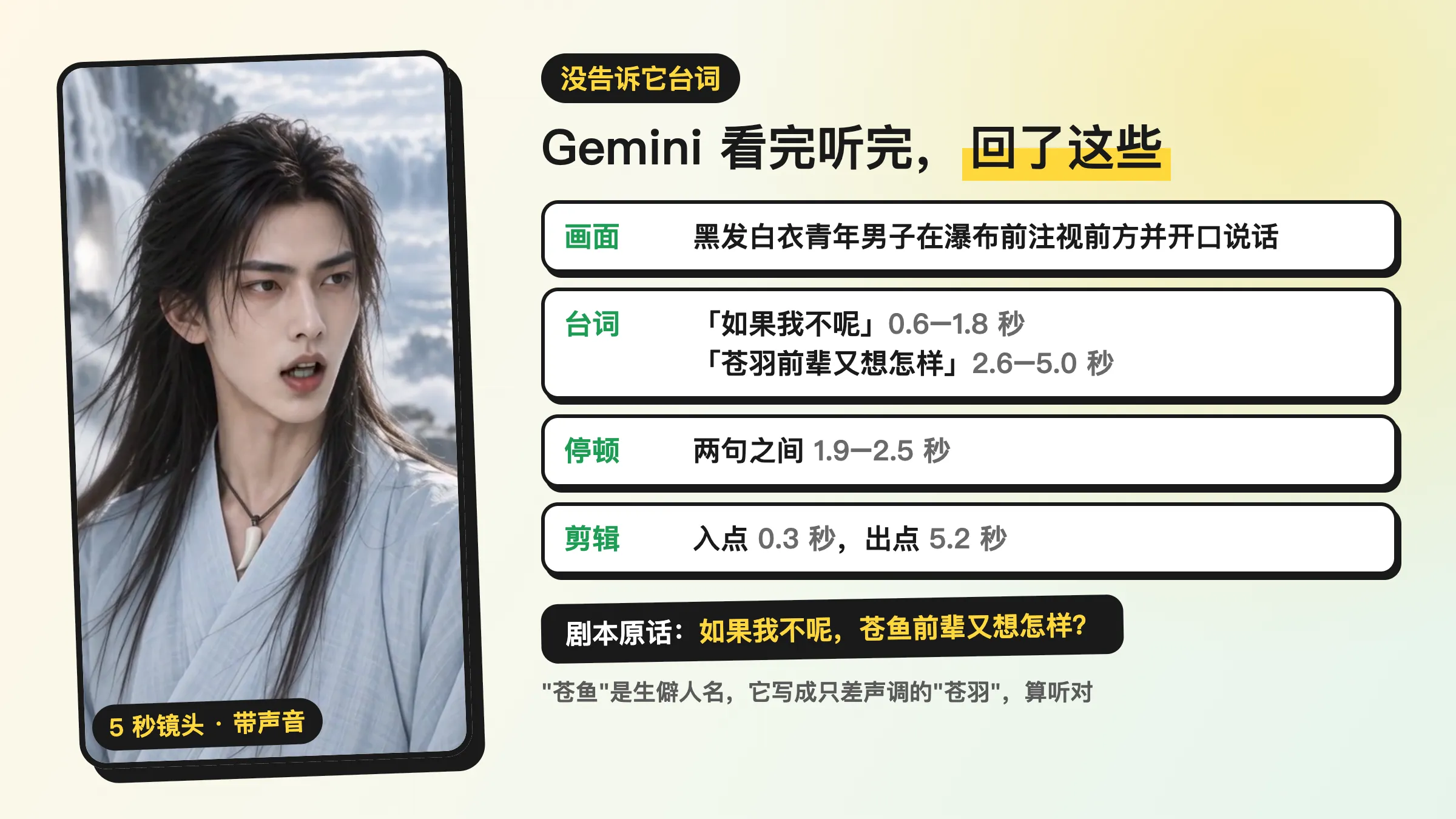 同一个 5 秒镜头，没告诉它台词，Gemini 3.8 Flash 回的画面、台词、入点和出点