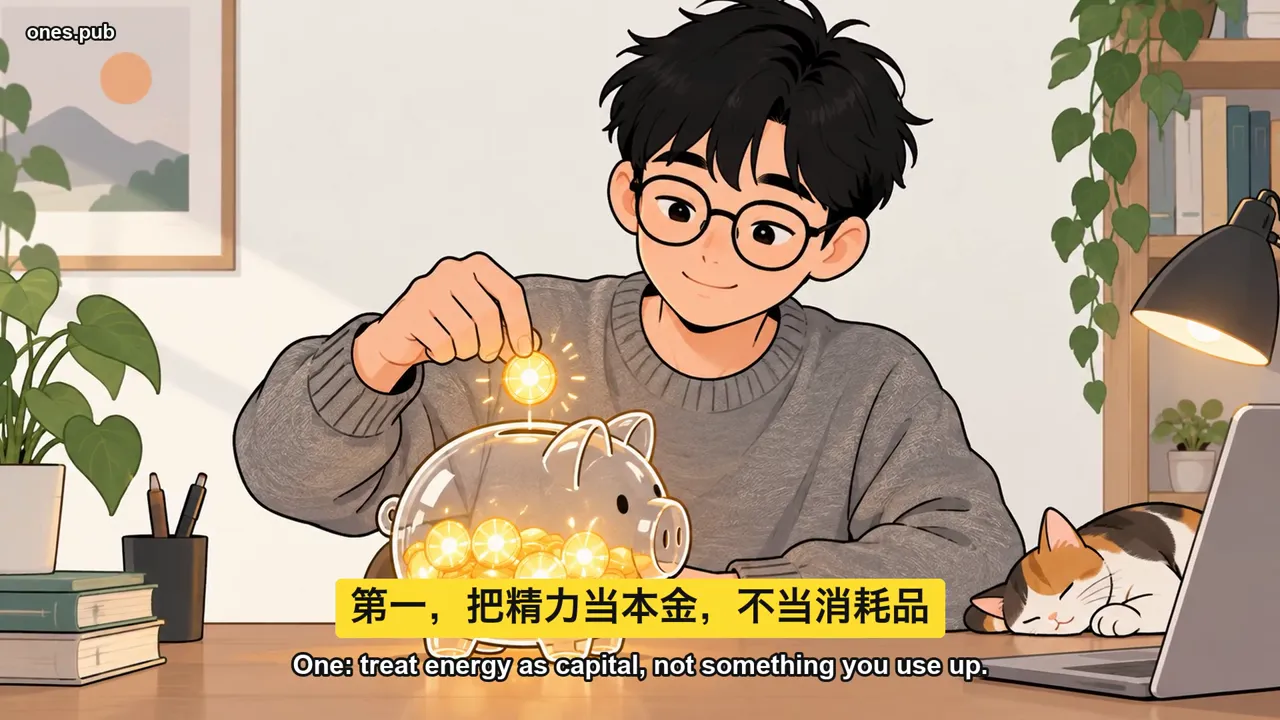 A frame from the finished video: an AI illustration with Chinese and English captions