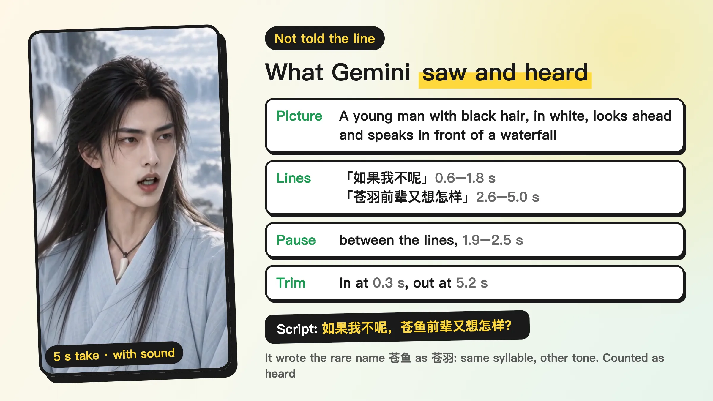 The same 5-second take, with the line withheld: the picture, the lines and the in and out points Gemini 3.8 Flash reported